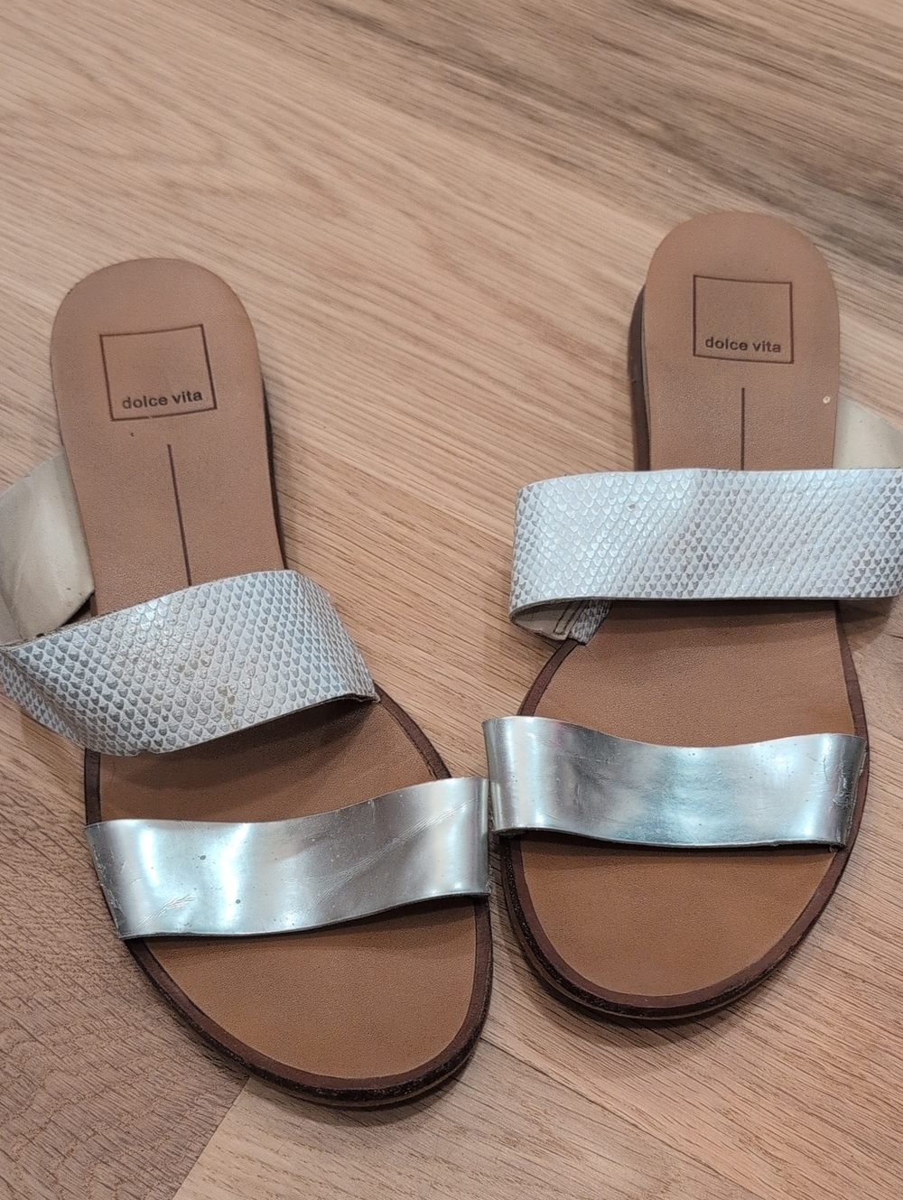 Dolce Vita Metallic Silver Double-Strap Slide Sandals